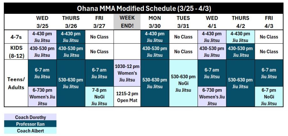 Ohana MMA Modified Schedule 0325-0403
